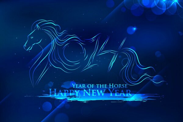 Tapety świąteczne. Koń na niebieskim tle z życzeniami Nowego Roku
