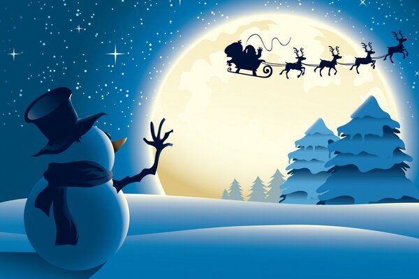 A kind snowman accompanies Santa Claus at night, he flies across the sky on reindeer