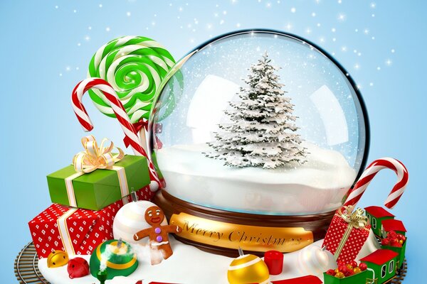 The New Year s ball is glass, there is a round dance of snowflakes in it, it is decorated with lollipops and a round dance of gifts