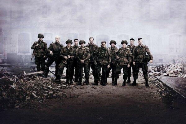 A military regiment of soldiers in uniform from the TV series