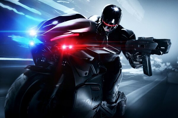 Robocop on a police motorcycle