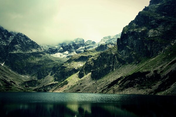 Lac sur fond de paysage de montagne