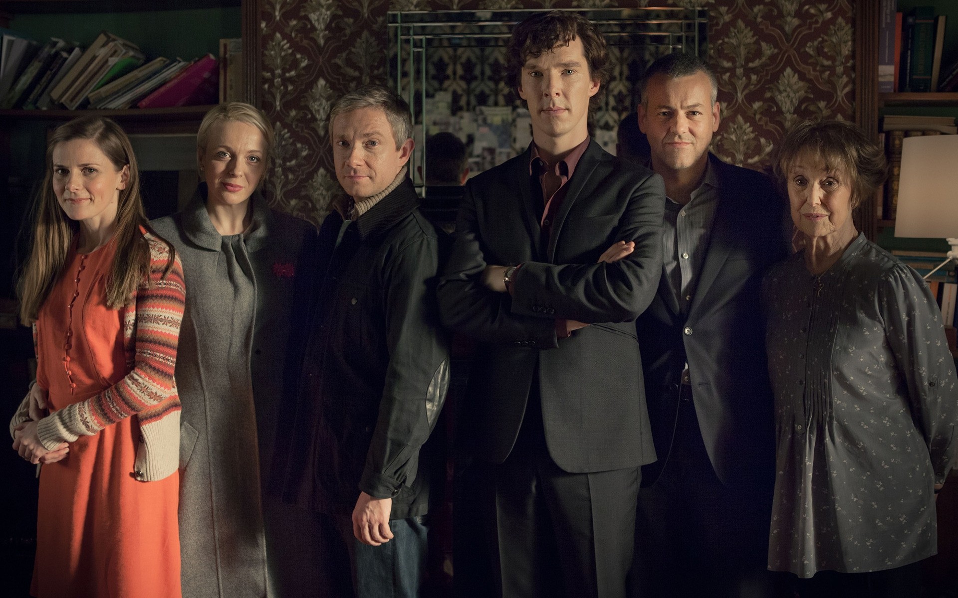 tv series group adult woman portrait wear facial expression man five four three music several sherlock