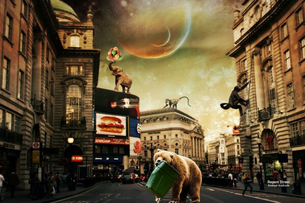 Urban landscape with circus animals