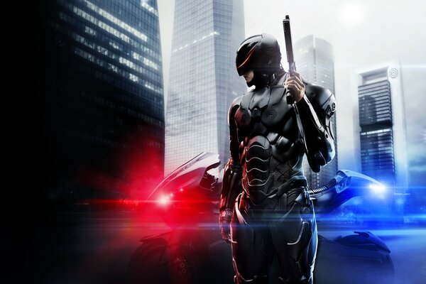 Paisagem futurista homem com arma