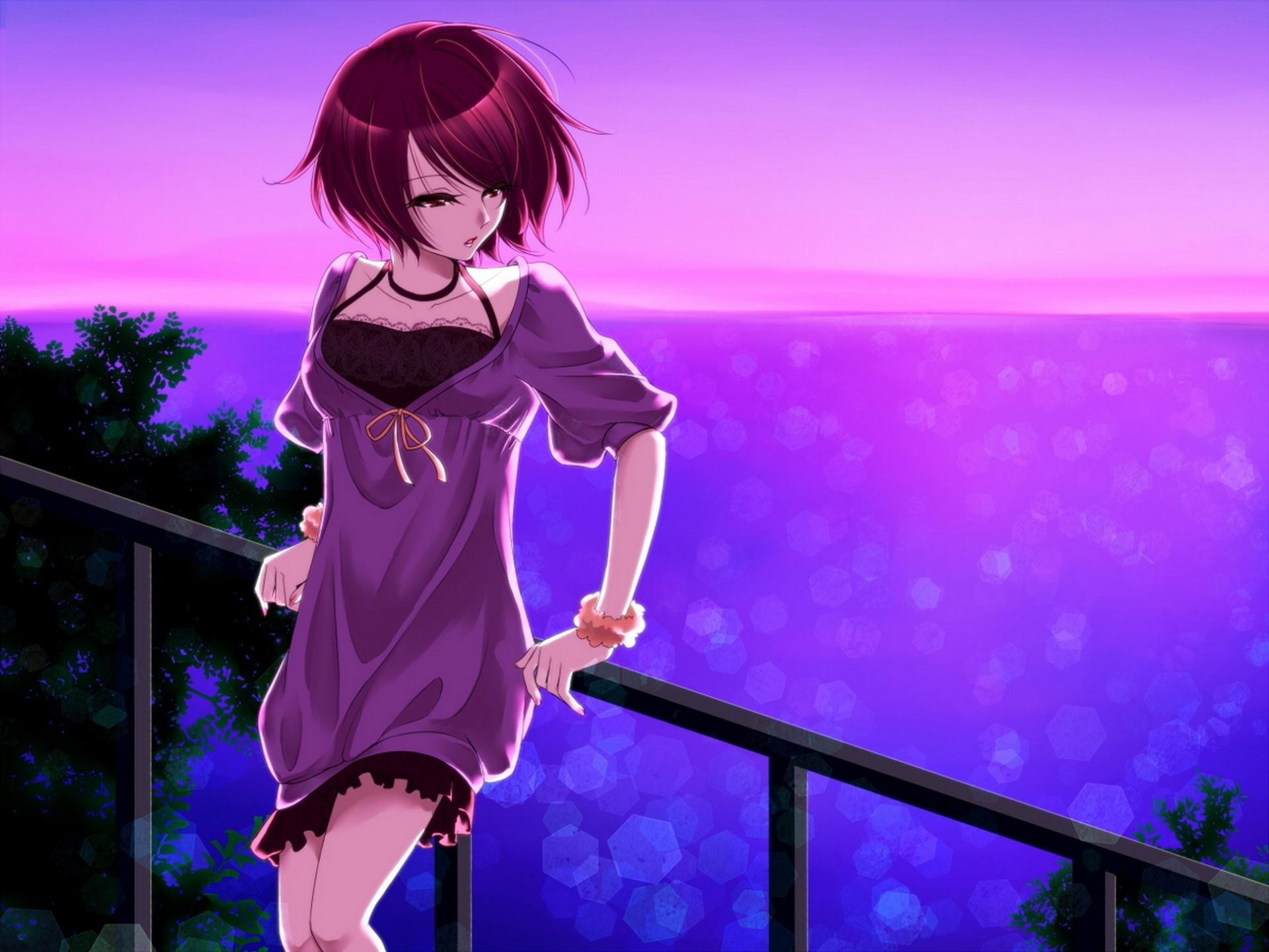 Anime girl at the railing over the sea wallpaper