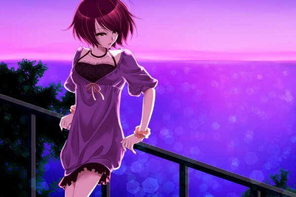 Anime girl at the railing over the sea