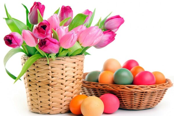 Gifts for Easter. Basket of flowers. Painted eggs