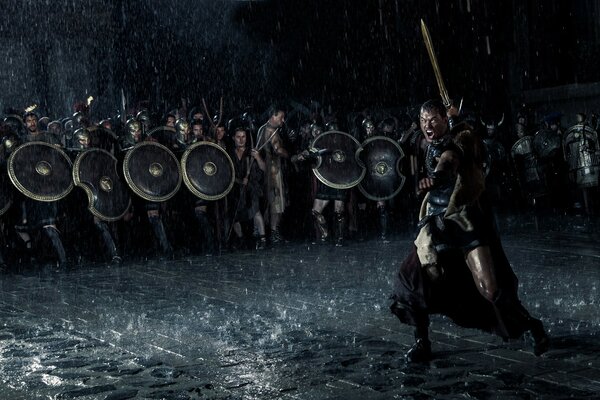 300 Spartans. Romans with shields. The man with the sword