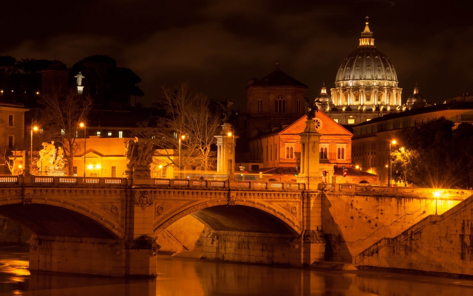 italy bridge architecture travel city river evening dusk light sunset water dome religion building reflection dawn castle illuminated sky outdoors rome vatican landscape