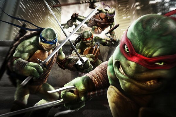 Ninja turtles with their weapons are ready for business