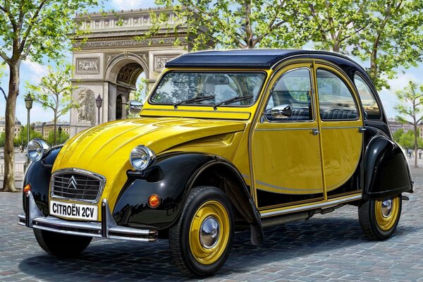 Voiture jaune sur les routes parisiennes