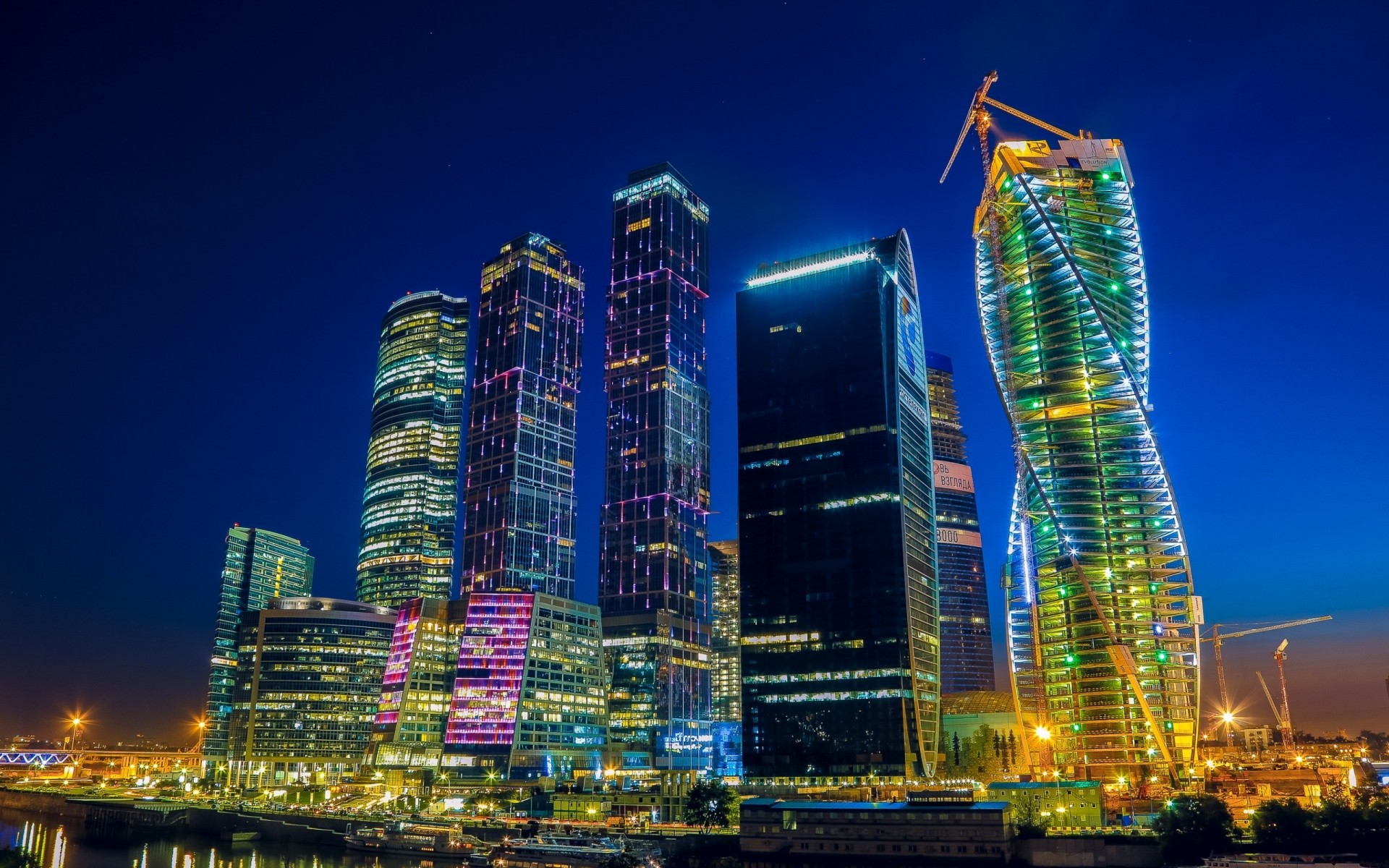 russia city architecture skyscraper building cityscape downtown skyline modern dusk office urban evening sky tower business illuminated tall travel landmark finance moscow river buildings night lights