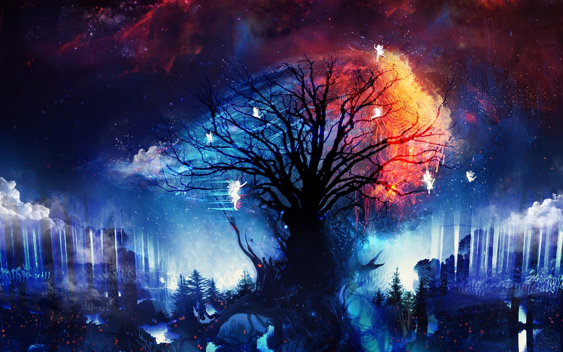 photo manipulation surreal fog abstract light mystery moon fantasy dream art science magic space fairy tree sky stars