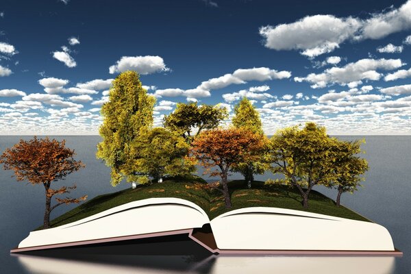 3d graphics of a book on which trees grow