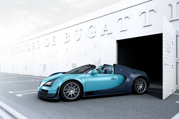 Neuer blauer Bugatti kommt aus der Garage