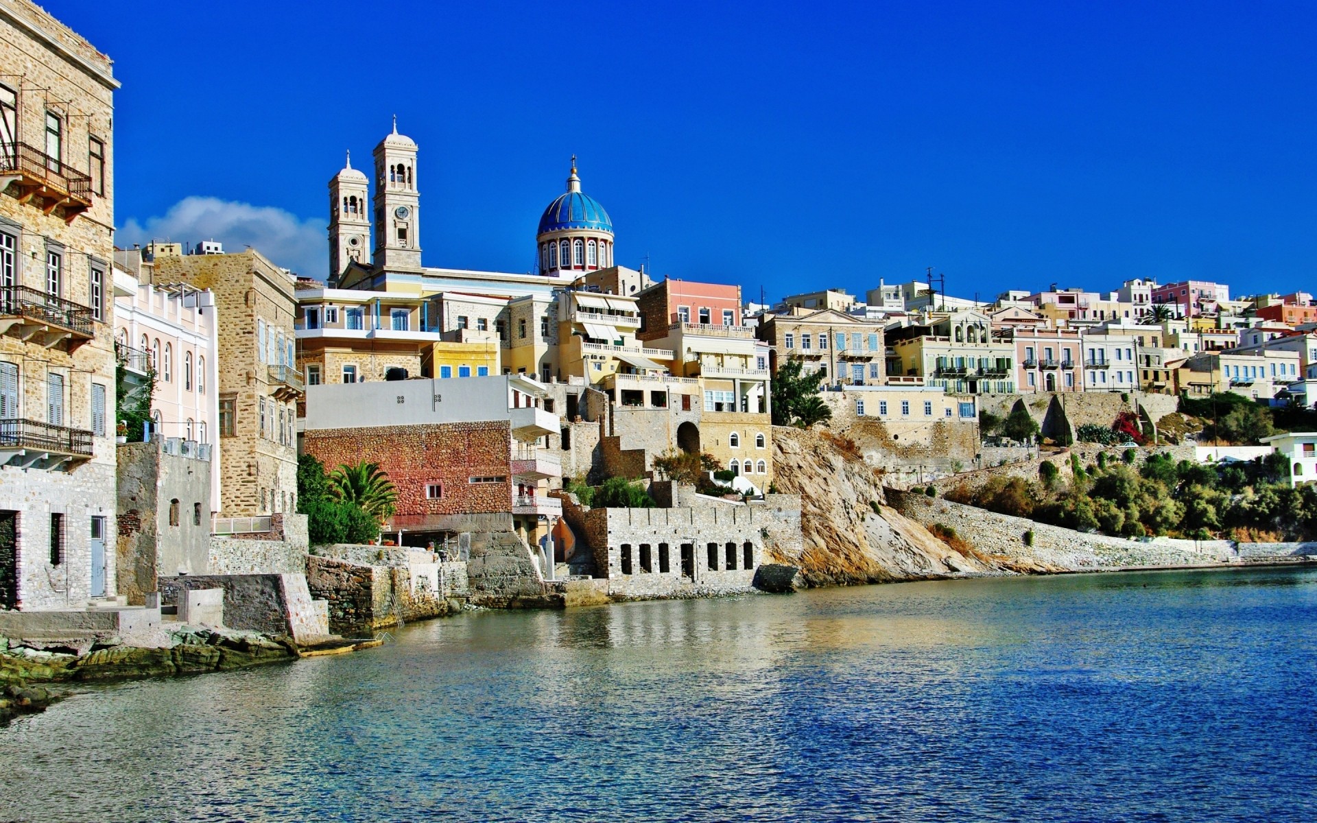 greece architecture travel city water building town tourism sky cityscape old church sight house sea outdoors vacation seashore syros island landscape