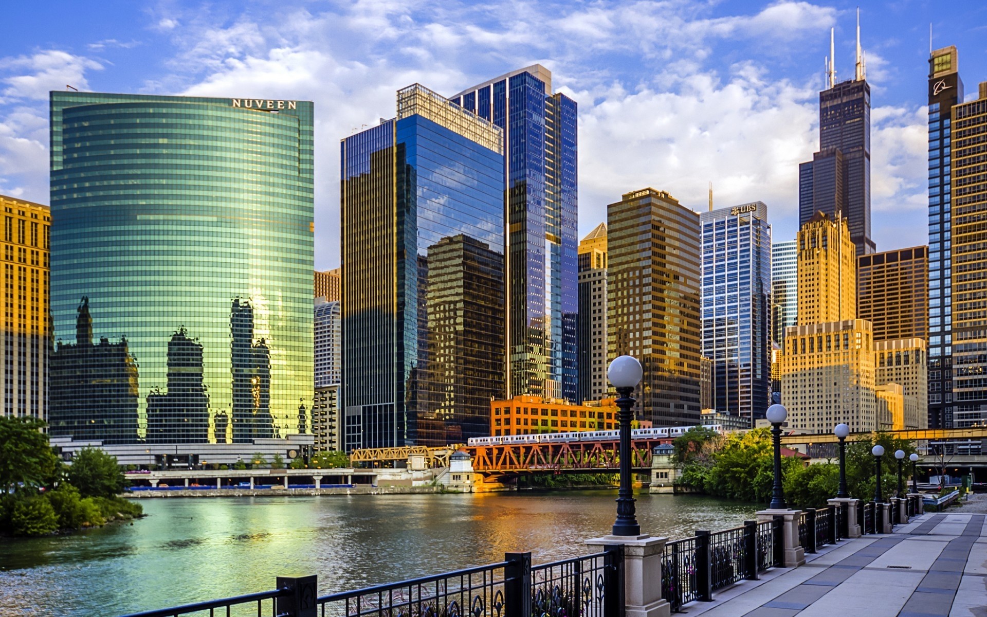 united states architecture city downtown cityscape skyscraper skyline office modern building sky business travel tall waterfront urban reflection dusk tower river chicago usa illinois buildings