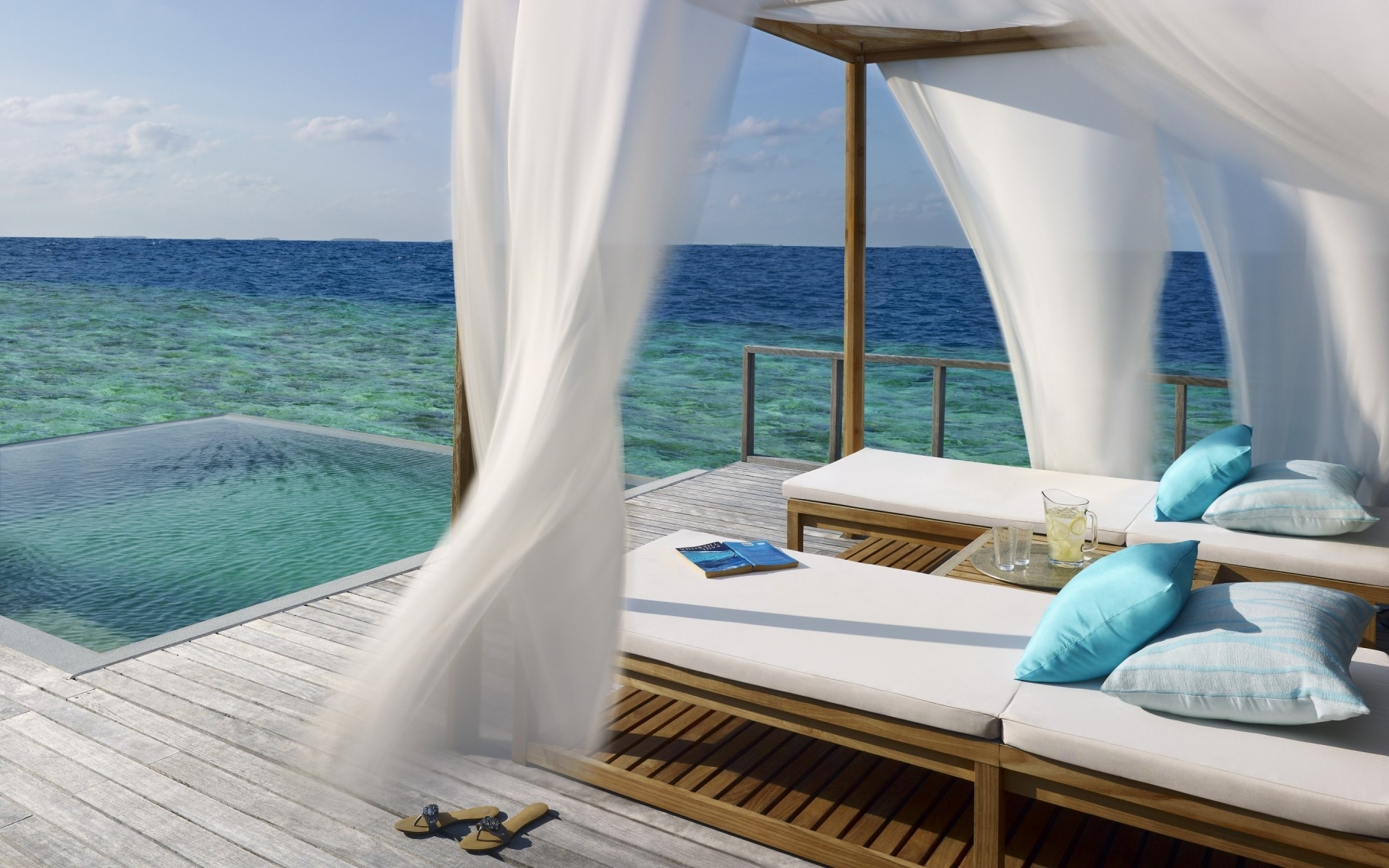 summer relaxation sea travel ocean luxury water sky vacation leisure fair weather chair hotel tropical deck beach sun turquoise seashore sunbeds exotic gorgeous landscape