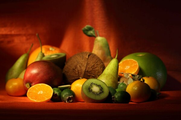 Still life with lots of exotic fruits