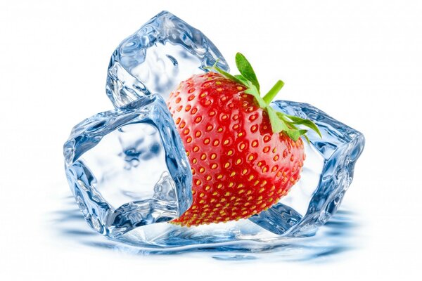 Bright red strawberries and ice