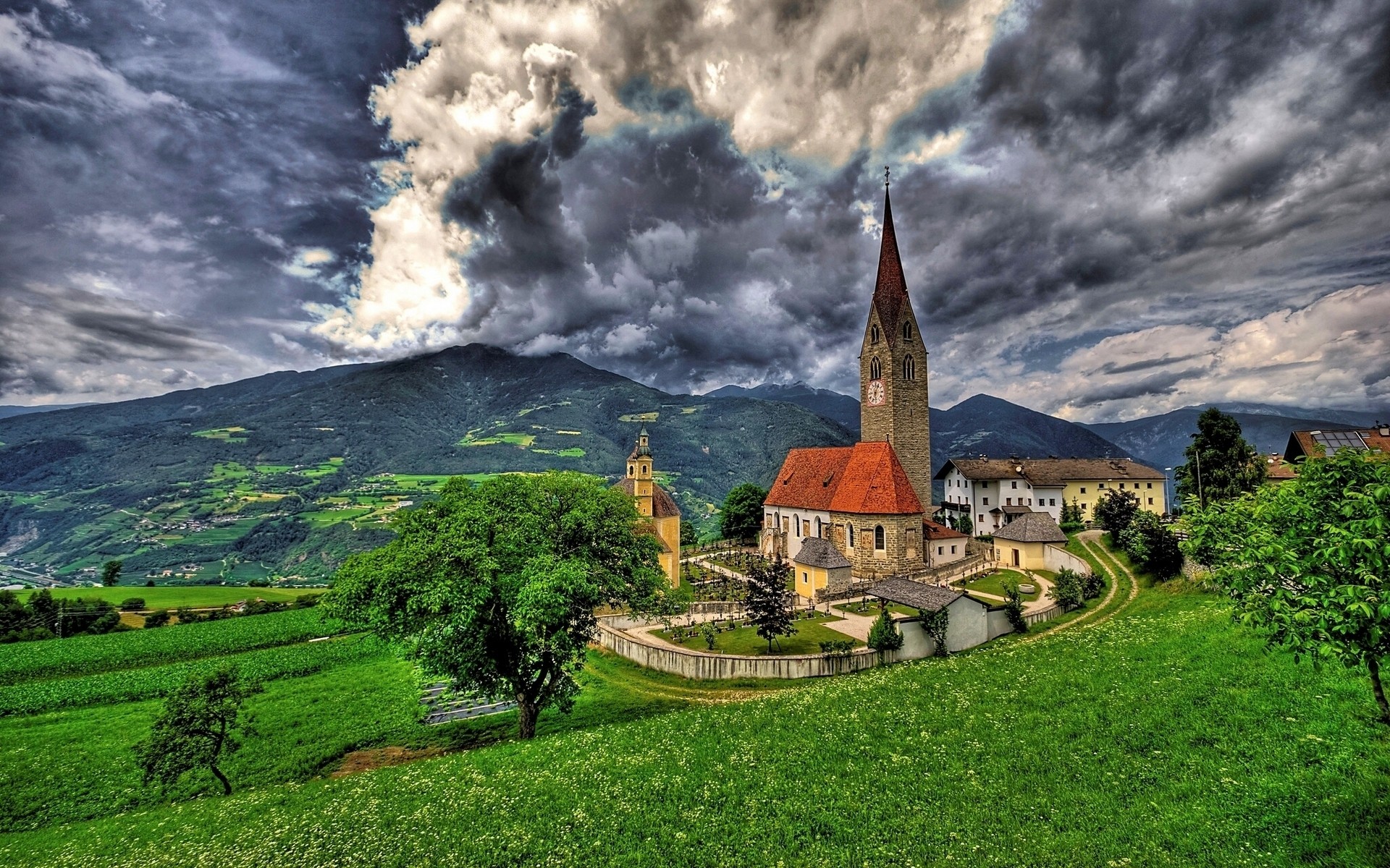 italy travel sky architecture nature outdoors landscape summer religion hill grass building house tree rural church mountain brixen cool