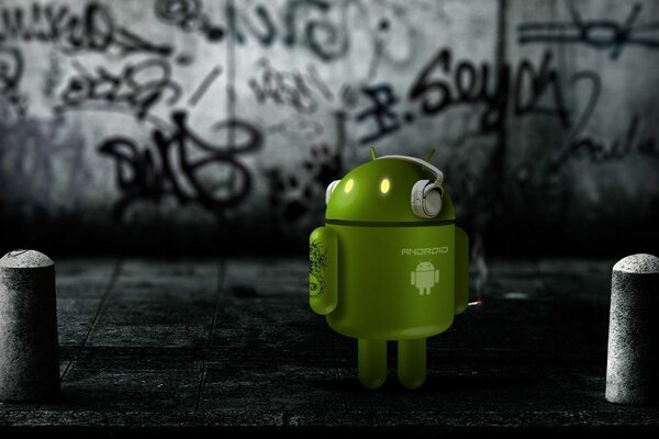 Android wearing headphones with graffiti on his back