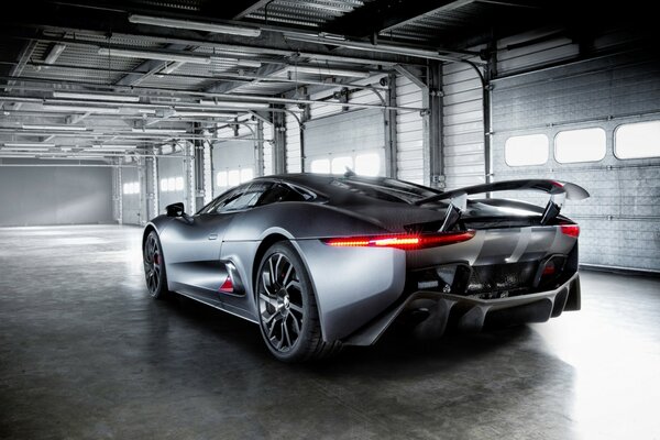 Silver Jaguar car in the garage