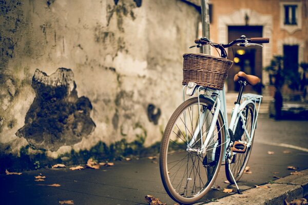 Bici retrò con cestino sulla strada della città 