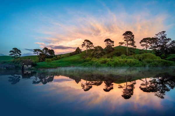 Dawn at the pond with fog near the shore