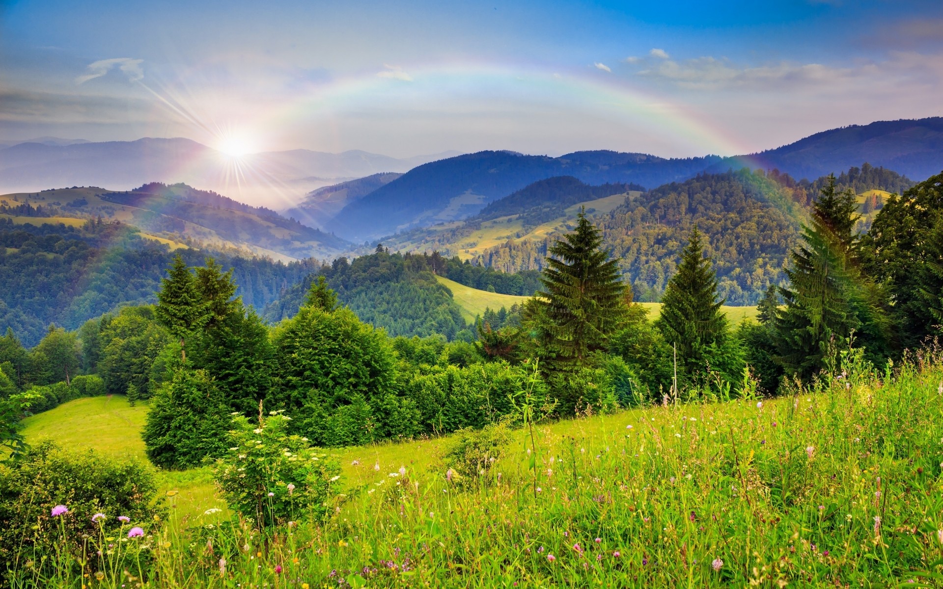 landscapes landscape nature mountain wood hill sky tree summer scenic grass outdoors hayfield rural travel sight field dawn fair weather valley forest mountains rainbow