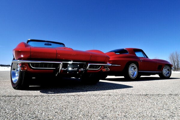 Two red cars on the asphalt