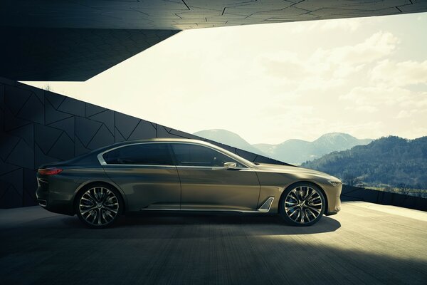 Voiture chic sur fond de montagnes