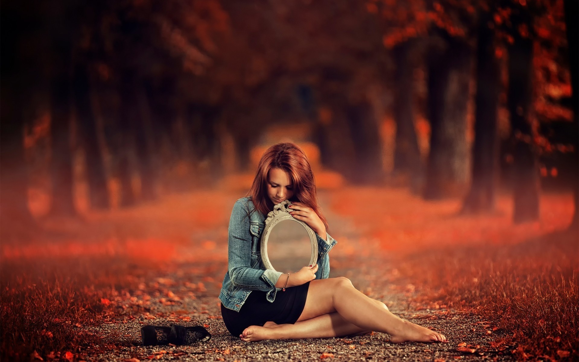 autumn girl nature fall woman sunset portrait one park outdoors mirror landscape