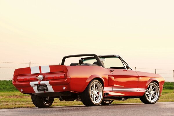 Ford convertible rojo en carretera asfaltada