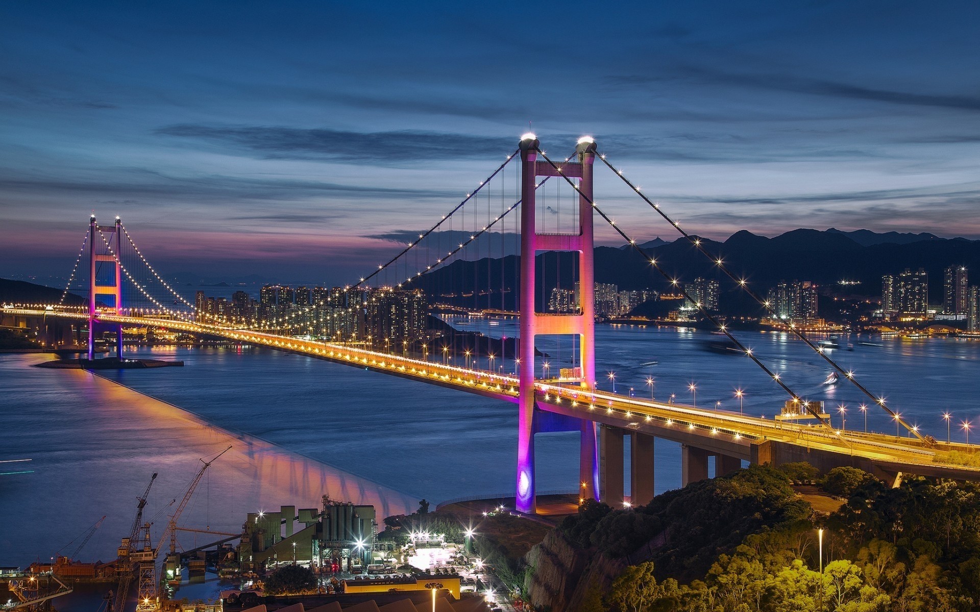 china bridge transportation system water suspension bridge travel city river dusk architecture evening sky traffic connection suspension urban sunset bay harbor building hong kong night lights