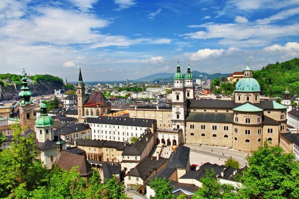 A clean city with towers in the mountains