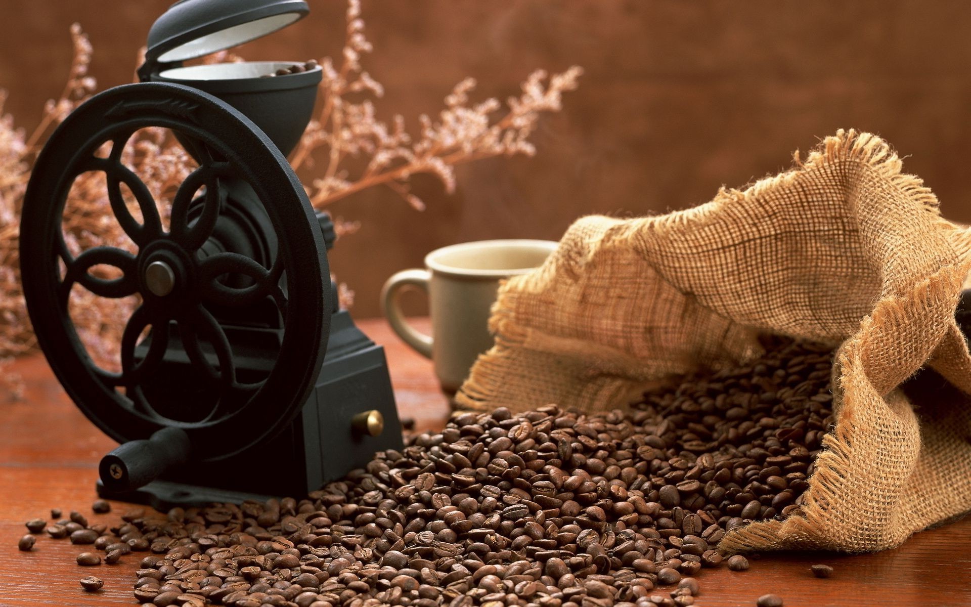coffee drink caffeine espresso dawn food breakfast cereal burlap cup dark wood sack table seed bean bag perfume mug