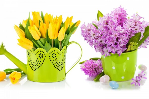 Easter bouquets of hyacinths and tulips