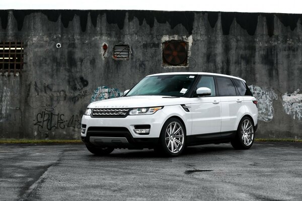 Range rover em uma parede de fundo com graffiti