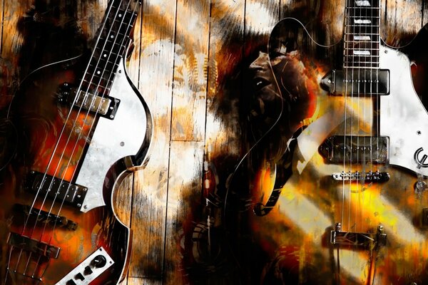 A brown guitar against a wooden wall