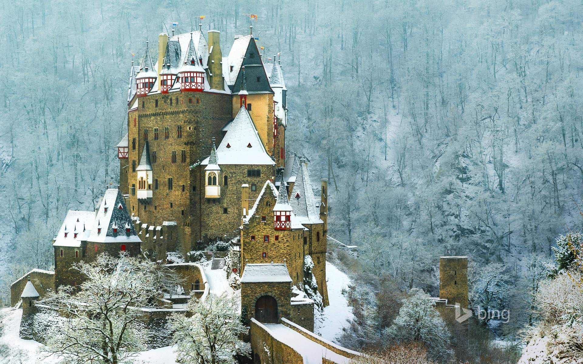 germany house architecture travel old outdoors landscape snow building winter mountain tree hill burg eltz castle mountains