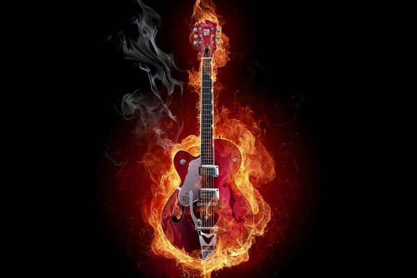 Fiery guitar on a black background photoshop