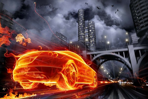 Drawing of a moving fiery car on the background of a road and a bridge