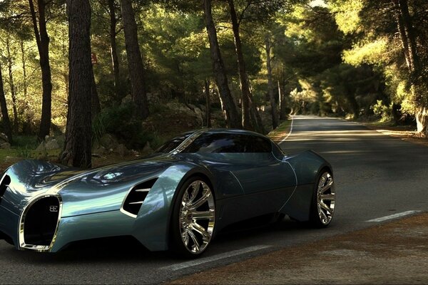 Futuristic sports car is moving along the road among the trees