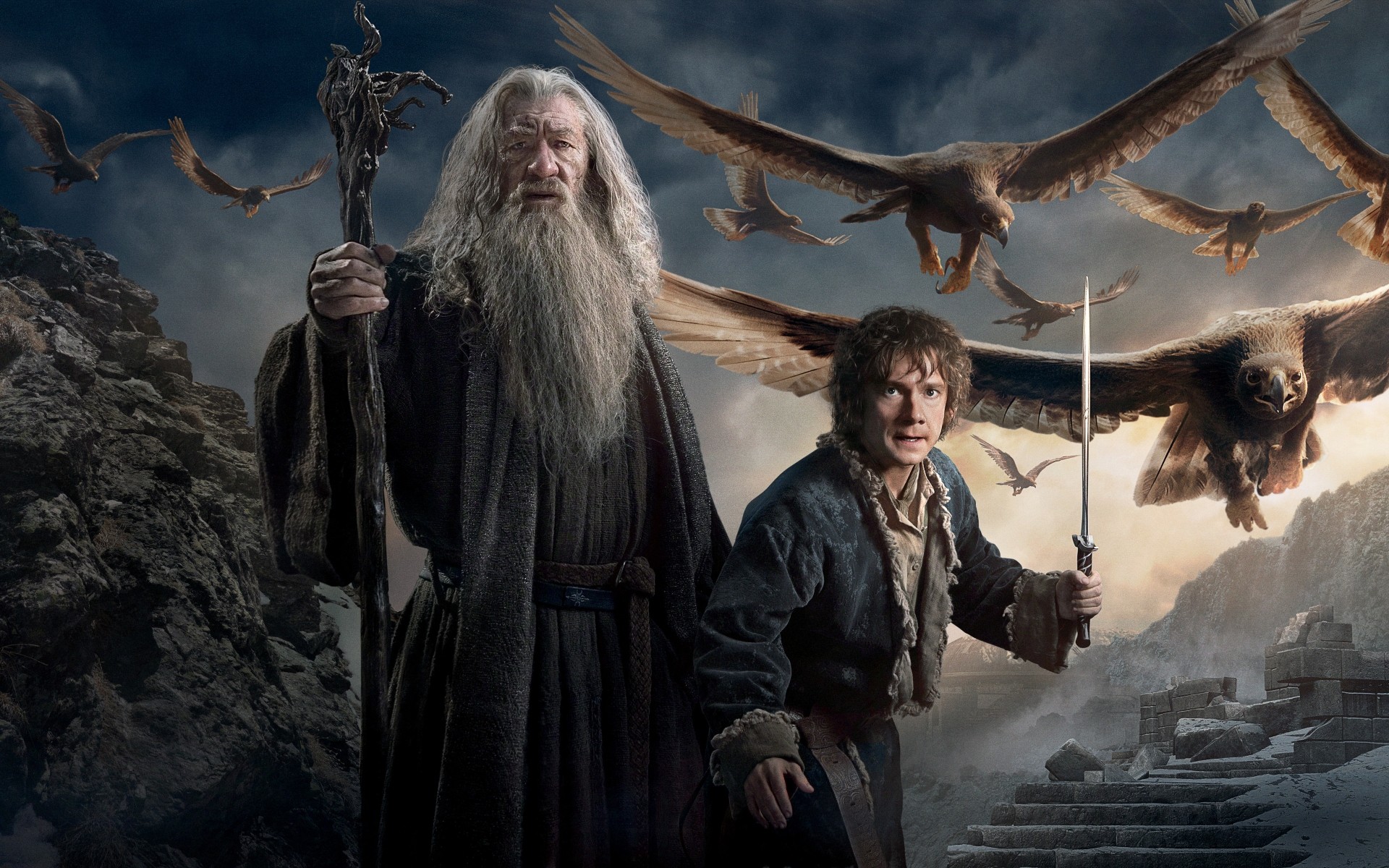 filme erwachsener eins gruppe religion mann winter zwei frau tragen schnee hobbit gandalf bilbo beutlin