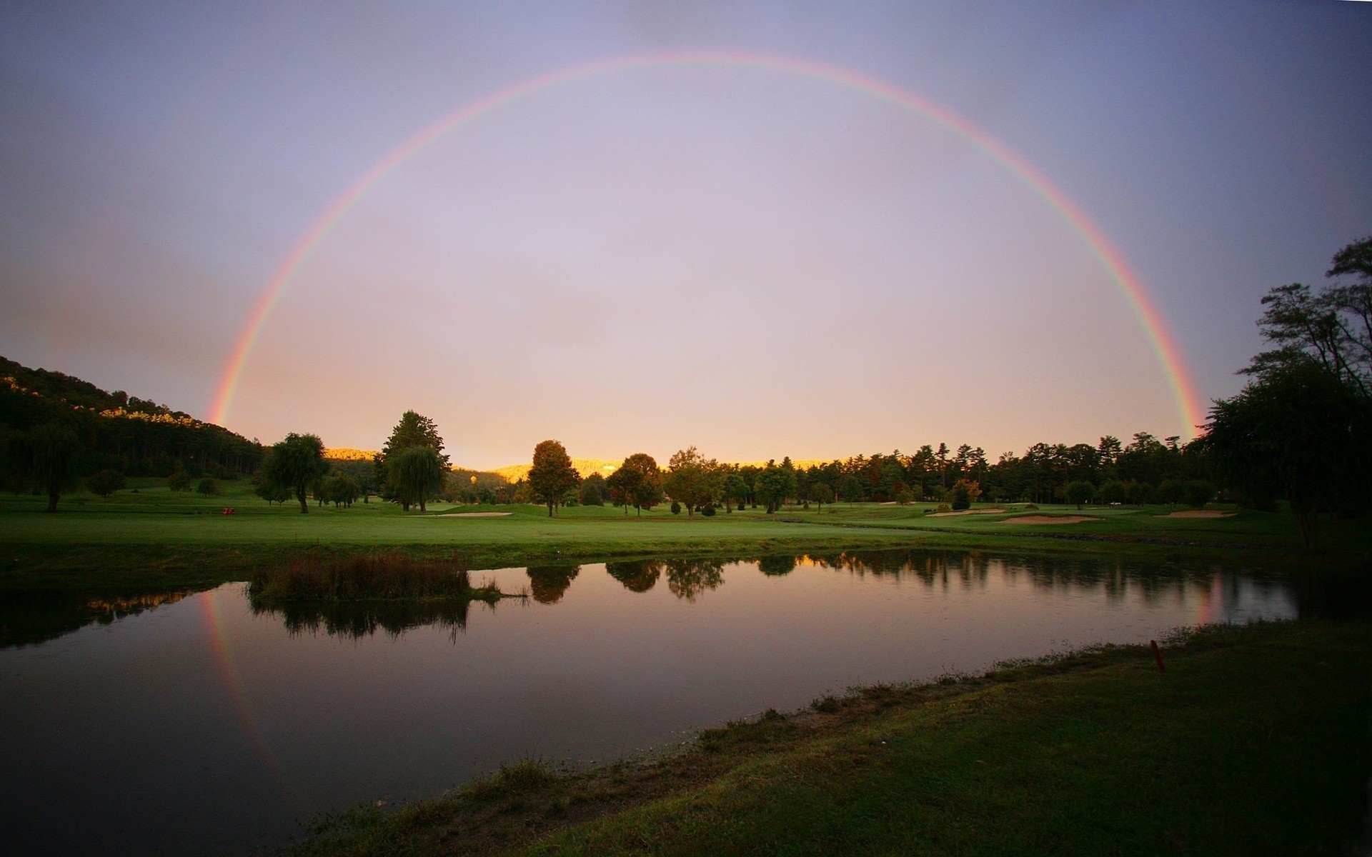 landscapes rainbow landscape lake reflection water sky tree nature grass weather sun dawn sunset river summer outdoors agriculture