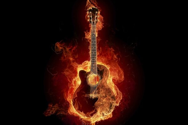 Guitare tout en flammes rouges