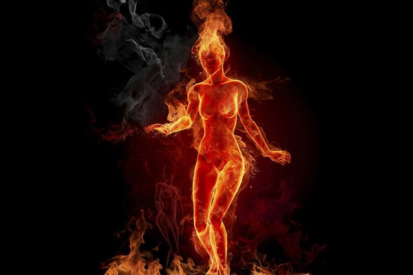 The image of a naked girl from a blazing fire