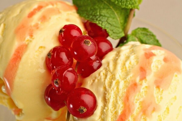 Crème glacée avec un brin de groseille rouge